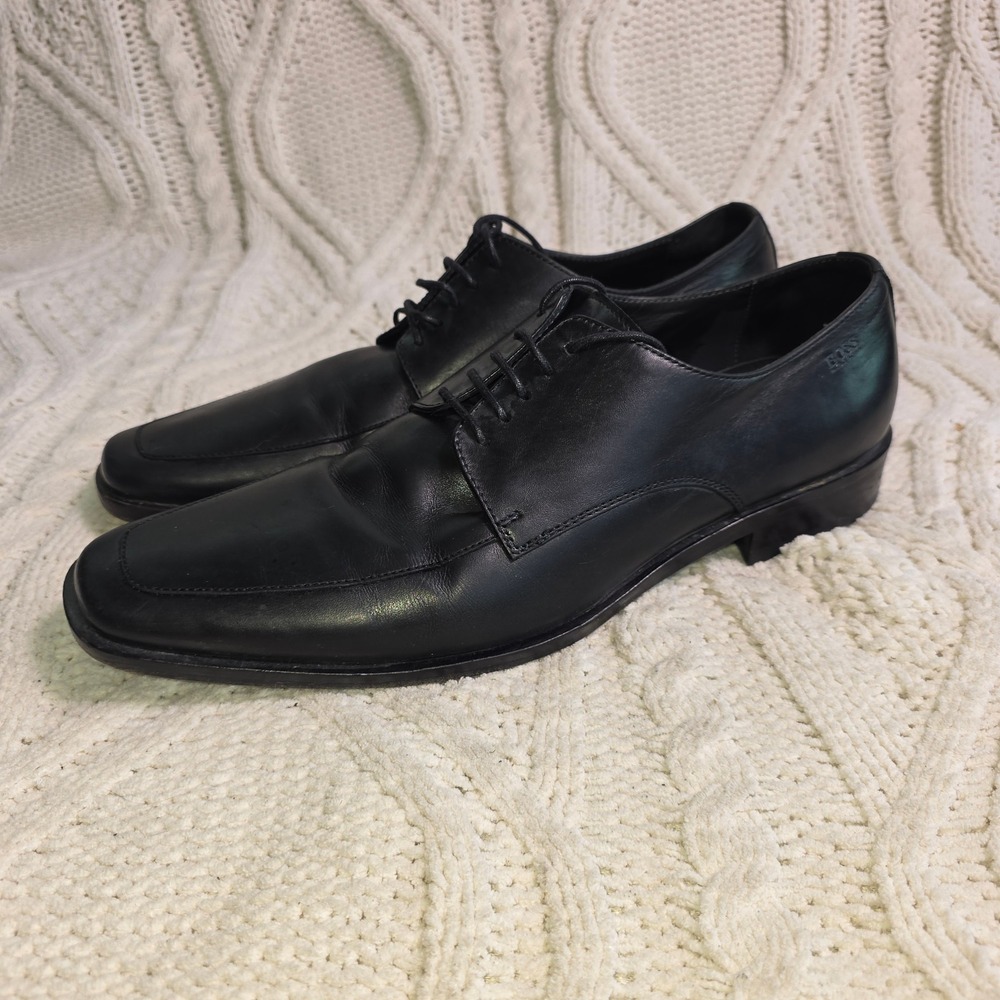 Hugo Boss Leather Derby Lace Up Dress Shoes Apron Toe Black Square Toe Mens 9